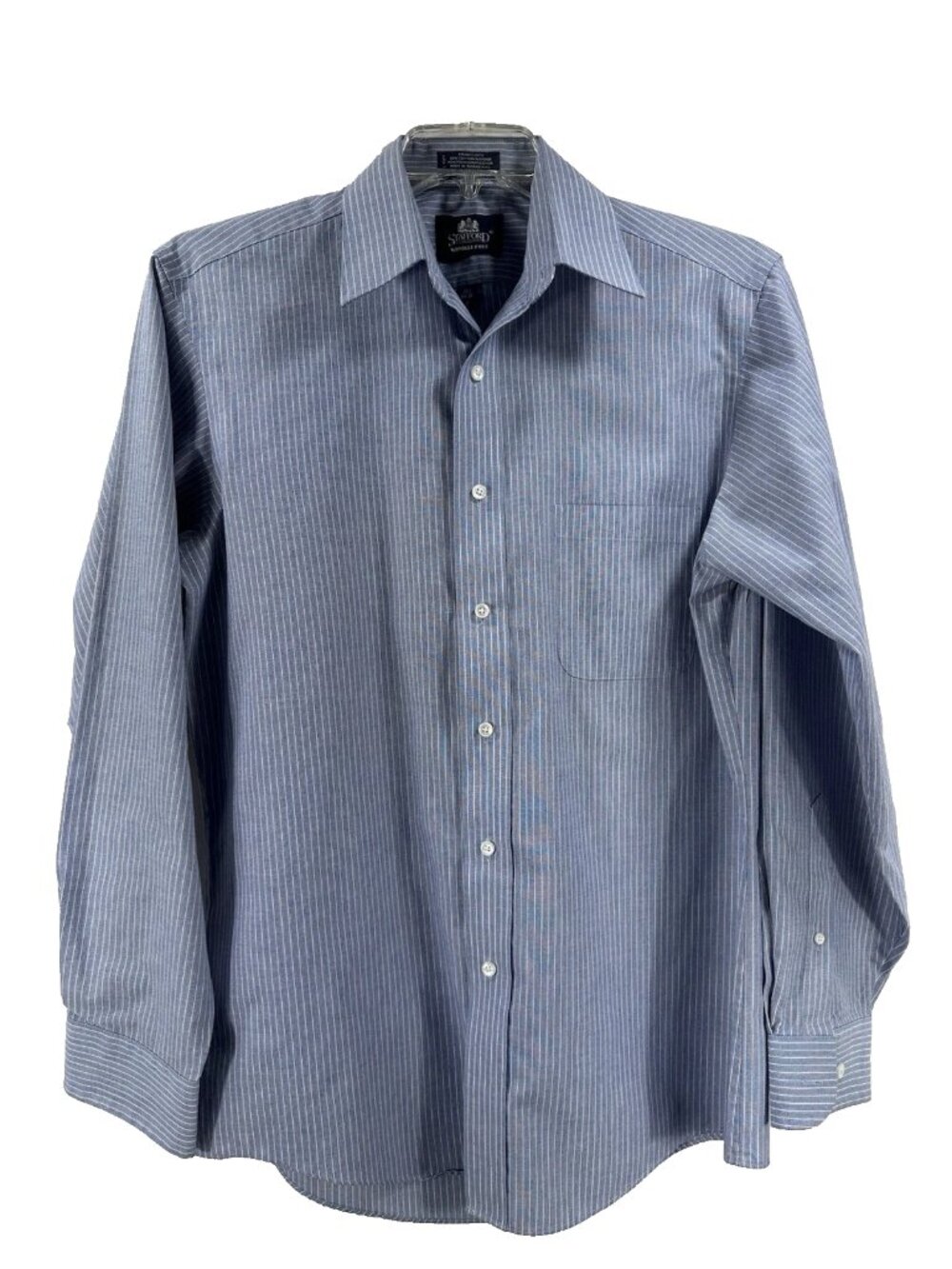 Stafford Men's Light Blue White Striped Dress Shirt Chest Pocket Size 15.5 34/35